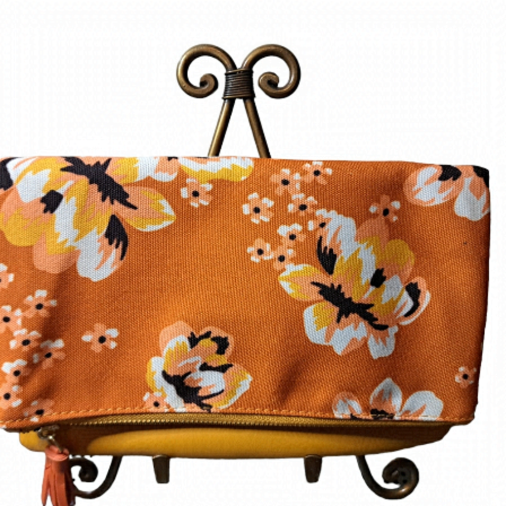 RACHEL PALLY FLORAL fold over reversible zip clutch purse pouch tassel orange